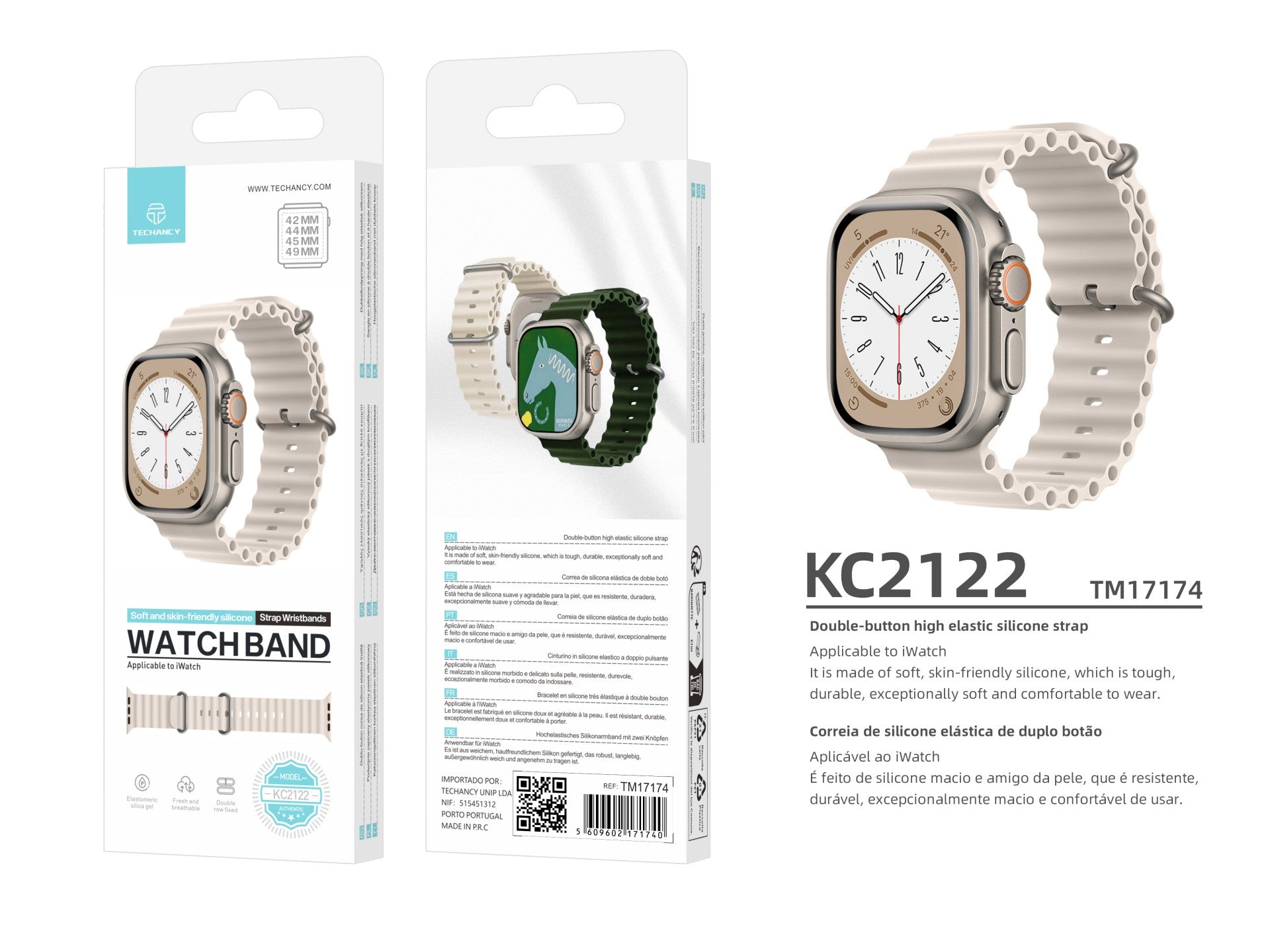 Correa de Silicona Blanca Techancy KC2122 para Apple Watch 42/44/45/49mm – Cómoda y Resistente