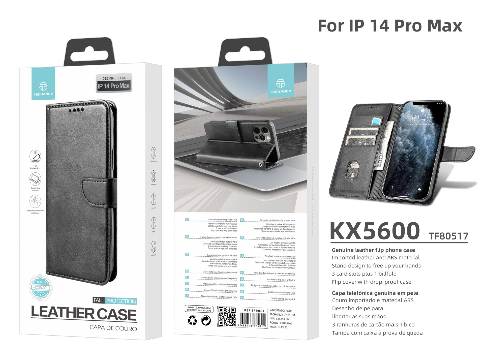 Funda Flip de Cuero Techancy KX5600 para iPhone 14 Pro Max – 3 Ranuras para Tarjetas, Soporte y Protección Total
